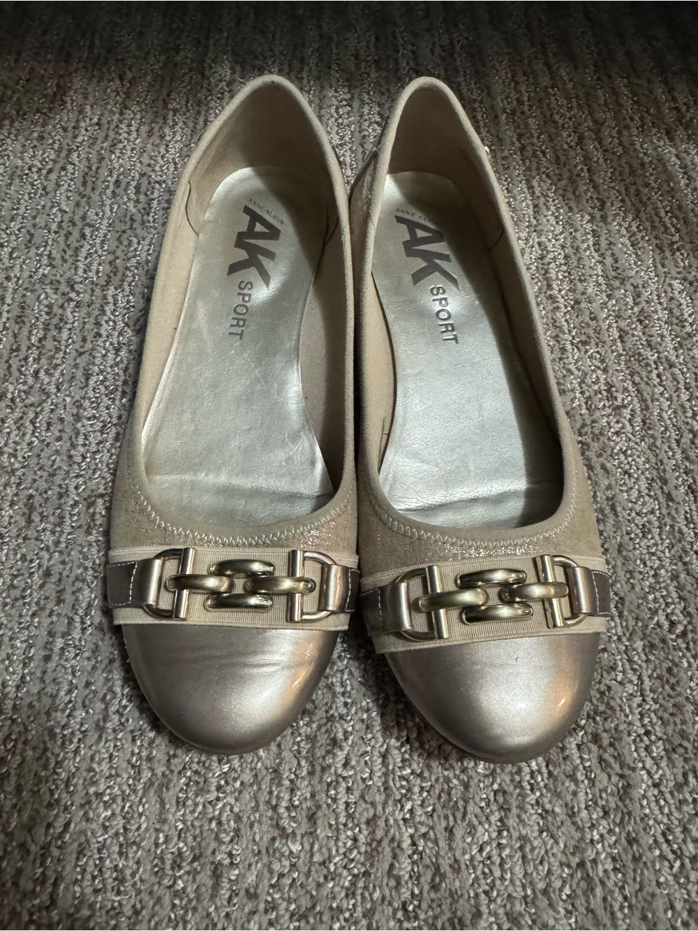 Anne Klein Metallic Taupe Slip-On Ballet Flats with Gold Chain Accent